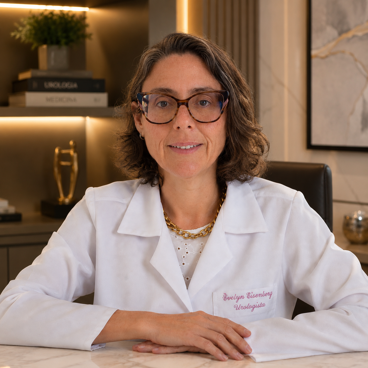 Dra. Evelyn Eisemberg Gomes, médica urologista do CGU Consultórios Médicos, de jaleco branco no consultório